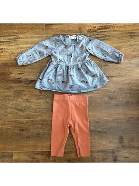 Mile The Label 2 -Piece Baby Outfit Set - Gray Floral Top and Orange Leggings 3M